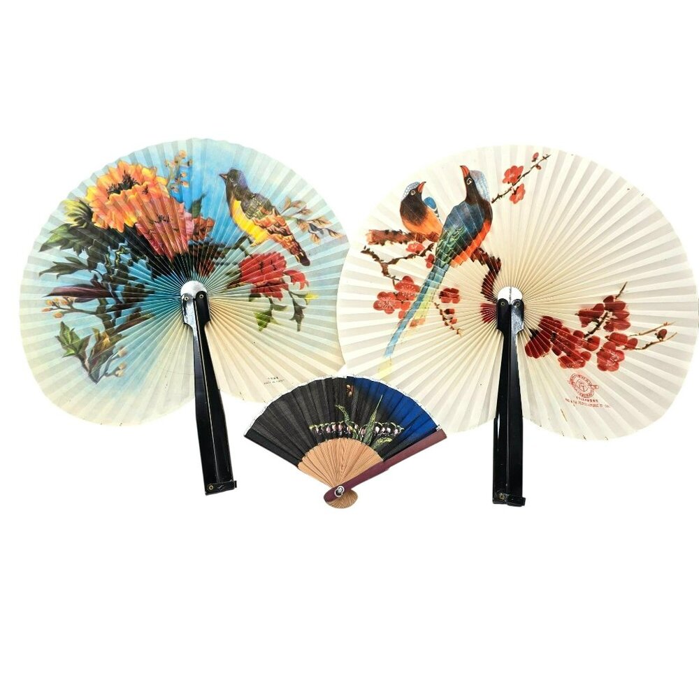 Vintage Asian Paper & Bamboo Hand Fans Set With Bird & Floral Designs je186